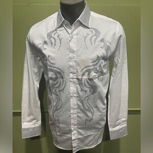 Deniko Men's White and white Embroidered Shirt rhinestone modern fit